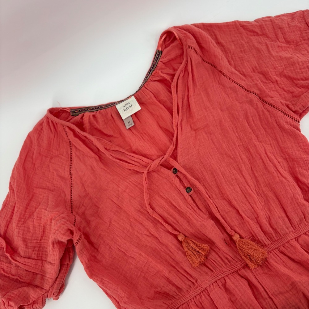Knox‎ Rose Romper Womens Medium Coral Pink Boho Sheersucker Gauzy Tassel